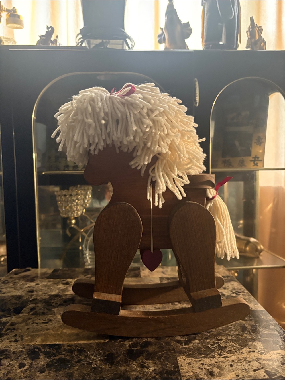 Vintage Wooden Rocking Horse Toy with Cream Yarn Mane